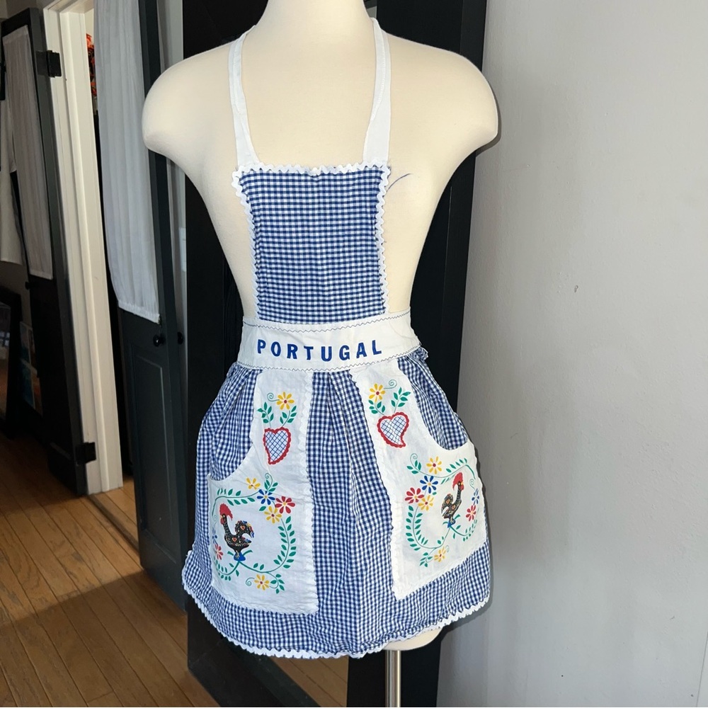 Vintage Portugal Rooster & Heart Apron – Blue Gingham with Floral Accents